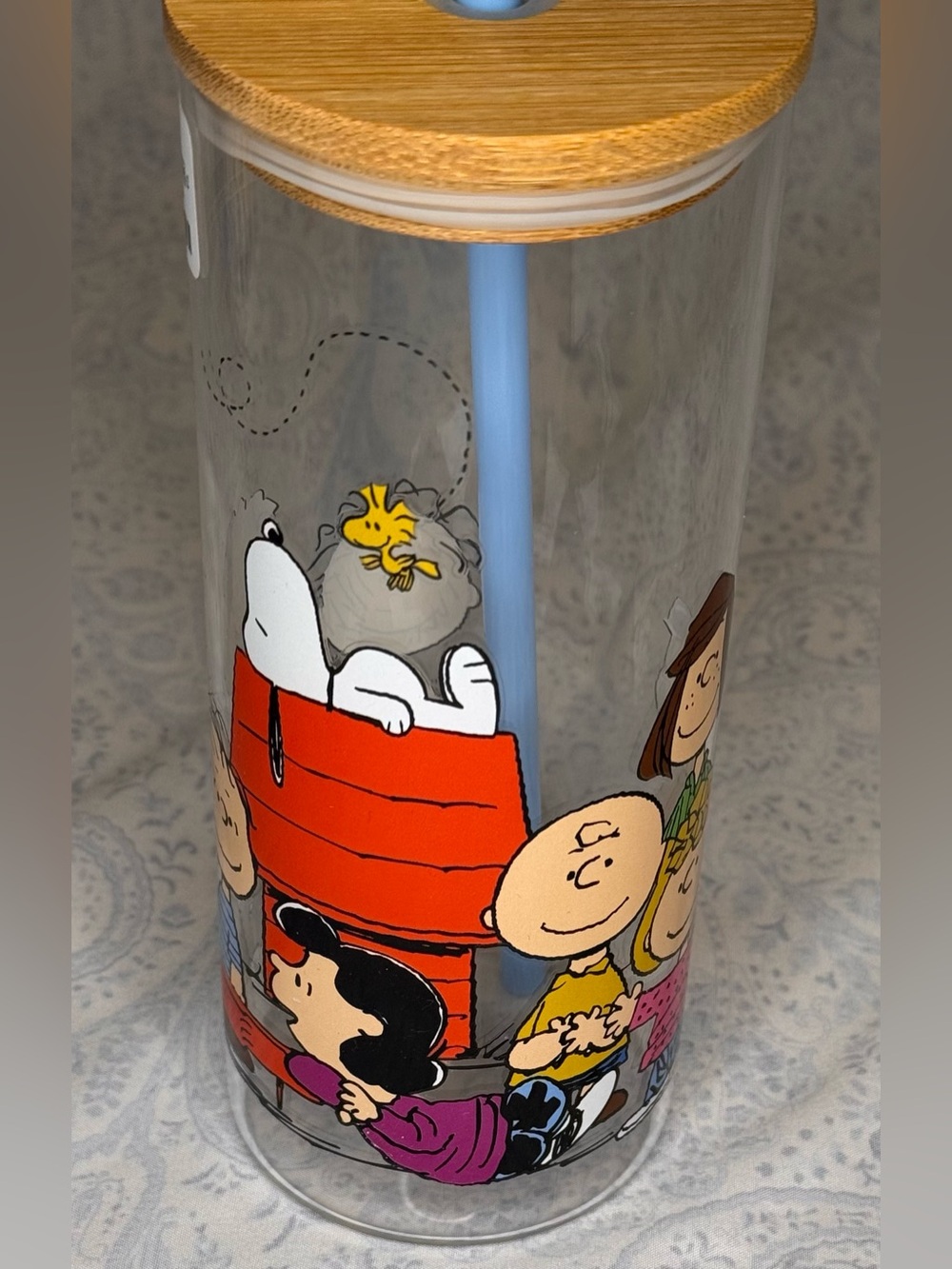Peanuts Woodstock, Snoopy, Gang Glass Tumbler with Bamboo Lid Blue Plastic Straw
